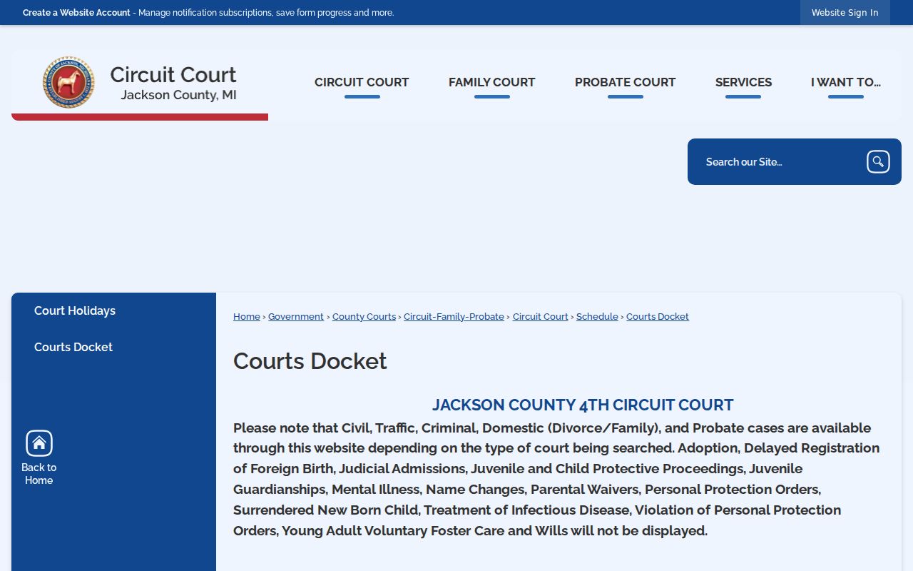 Jackson County court docket gateway for Grass Lake criminal records
