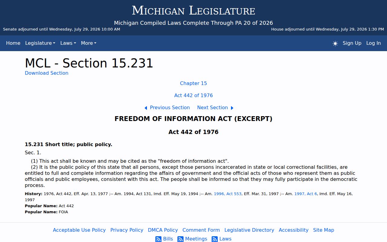 Michigan FOIA statute for Grass Lake criminal records access