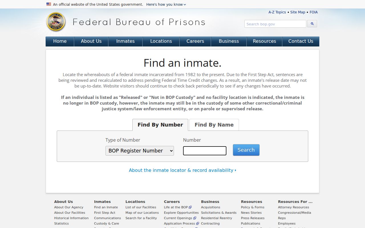 Jackson County federal criminal custody search through BOP