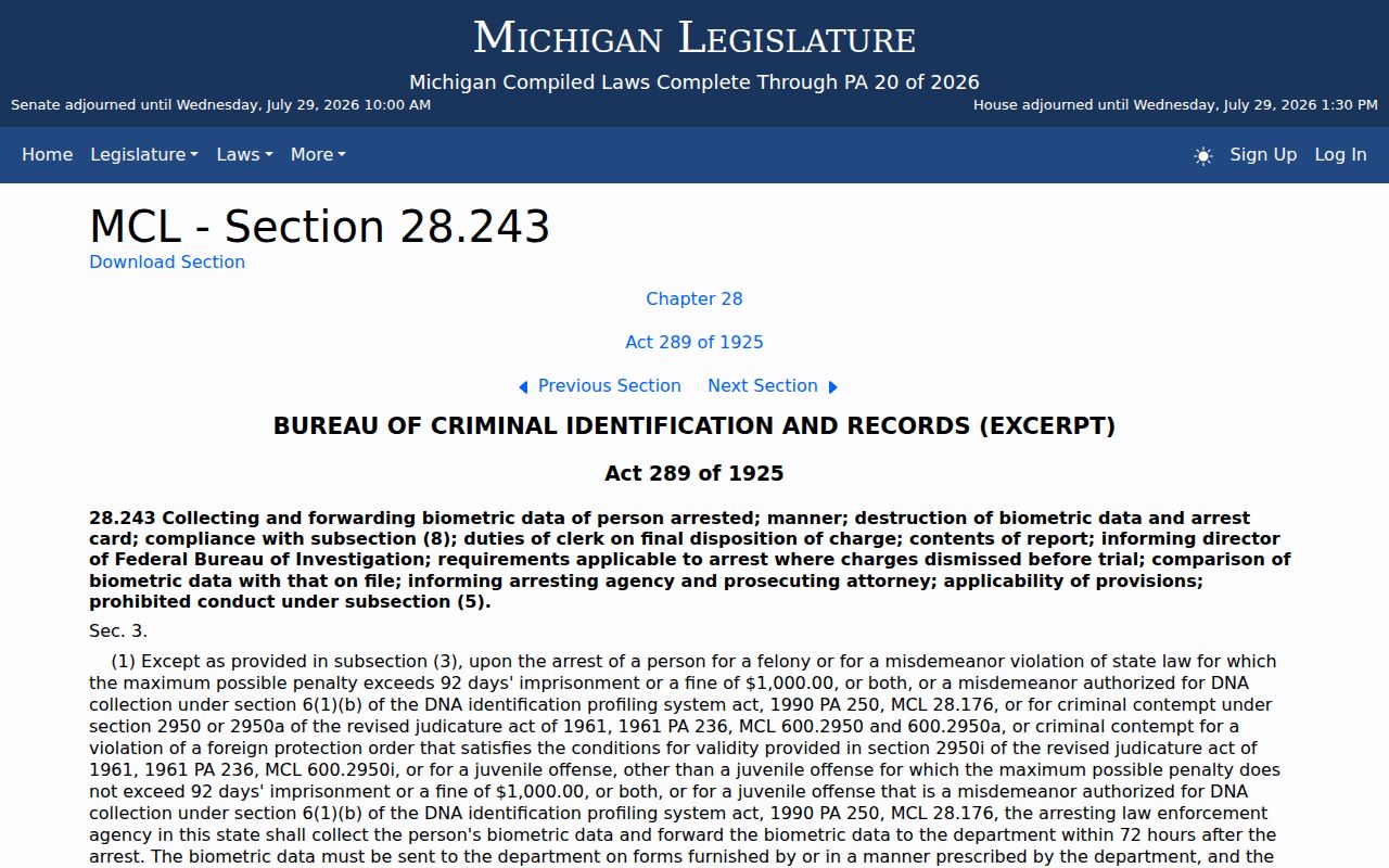 Jackson criminal records dissemination statute for Michigan State Police
